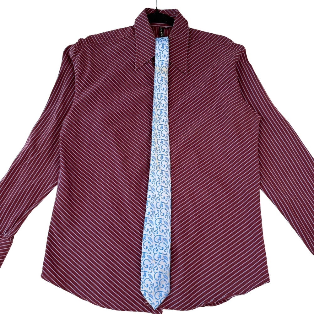 Move Button Down Shirt Tie Set Burgundy Diagonal Stripe Y2K Business Office XL